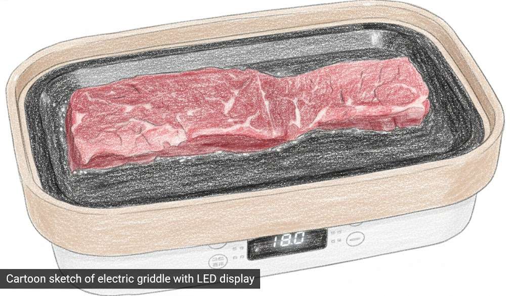 Steak cooks on electric griddle with an LED display showing temperature.