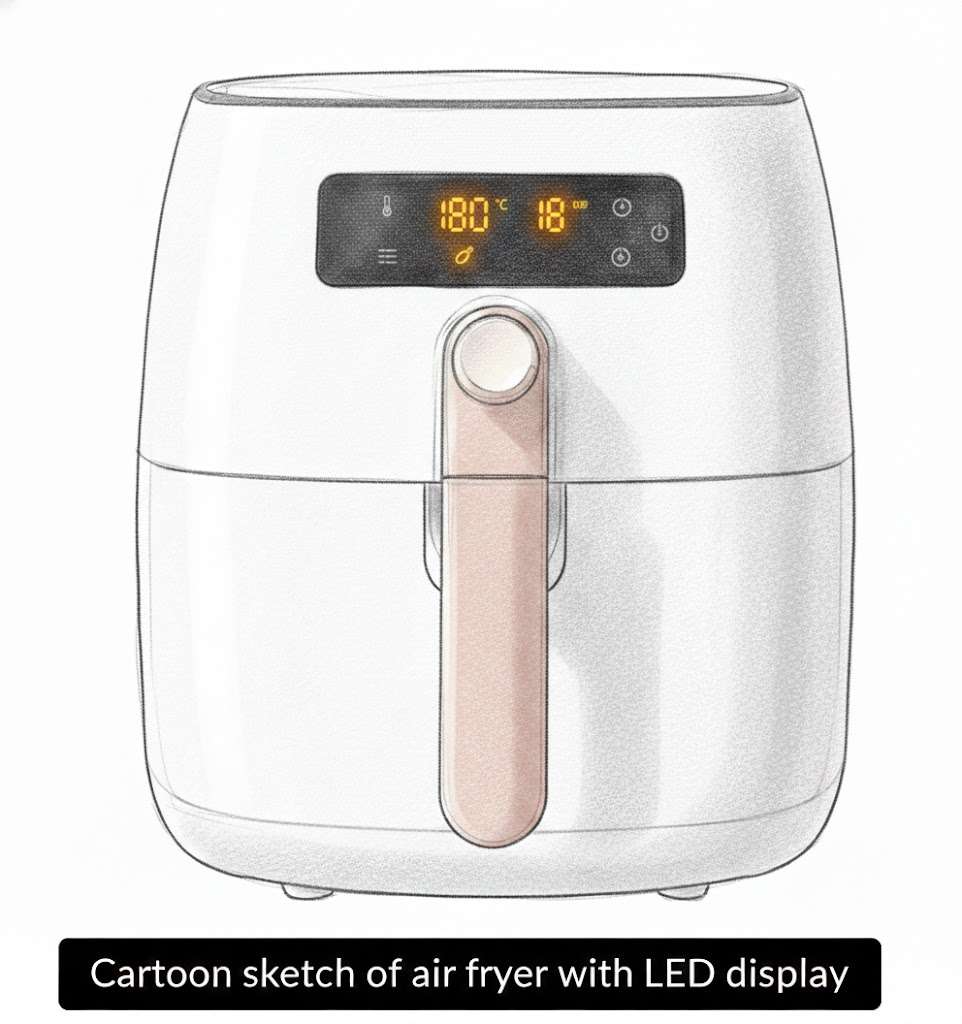 Air fryer features a digital LED display for precise temperature and timer control.