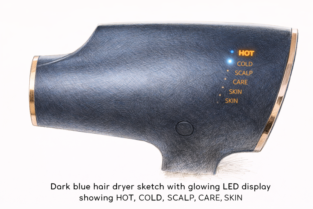 Blue hairdryer showcasing an LED screen displaying temperature and care options.