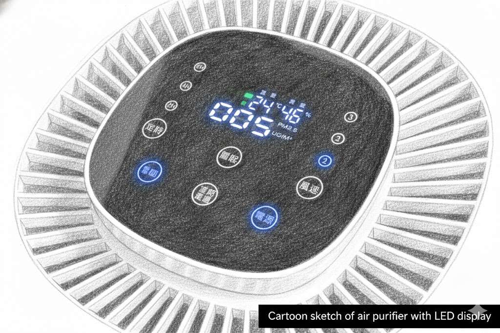 Cartoon sketch depicts an air purifier featuring an integrated LED display.
