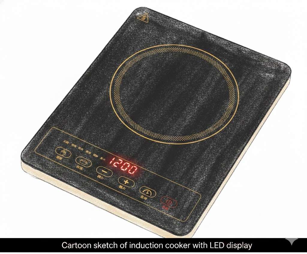 Red LED display on induction cooker shows temperature settings, modern design.