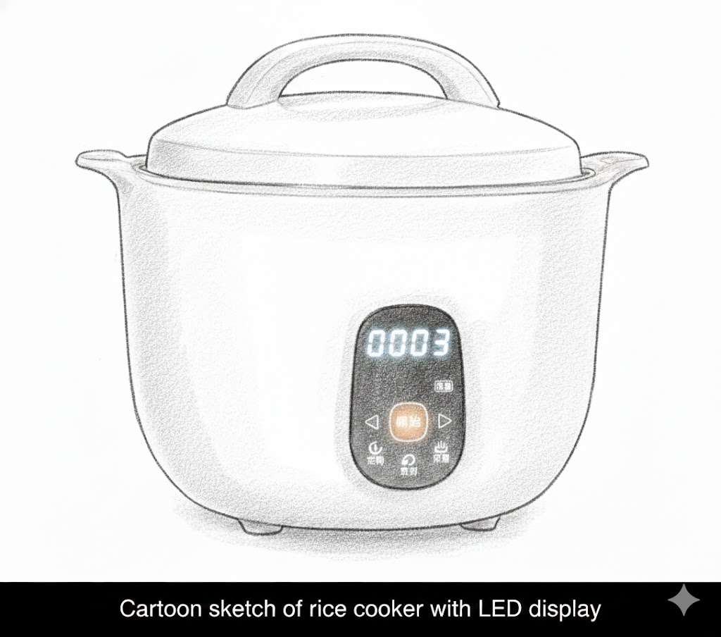 Rice cooker's LED display shows "0003," demonstrating potential for a custom LED display module application.