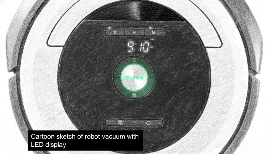 Robot vacuum showcasing an LED screen with time and function controls.