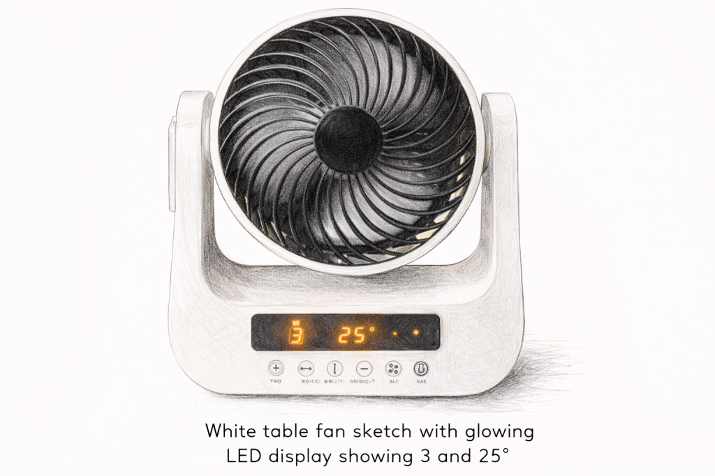 Fan sketch features a bright LED display showing temperature-potential custom application.