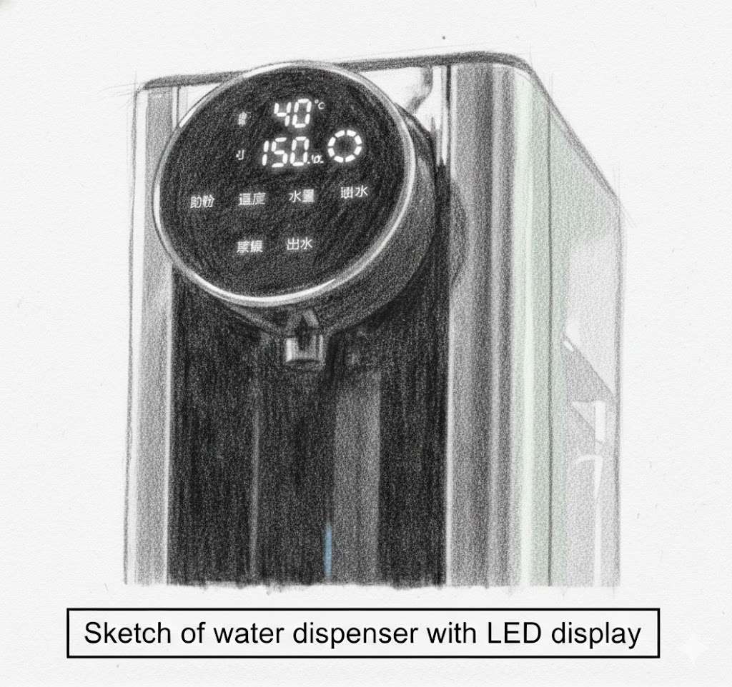 LED display on water dispenser shows temperature and volume adjustments.