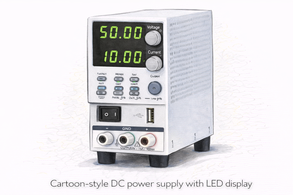 Dc power supply displays voltage and current for custom LED display module testing.