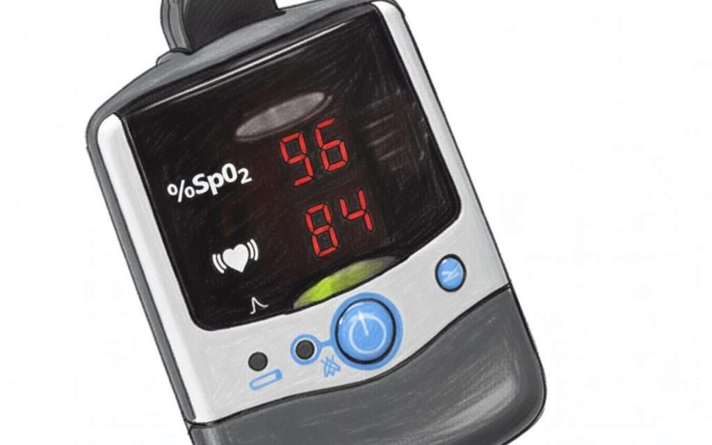 SpO2 reading of 96%, heart rate at 84 bpm on a pulse oximeter.