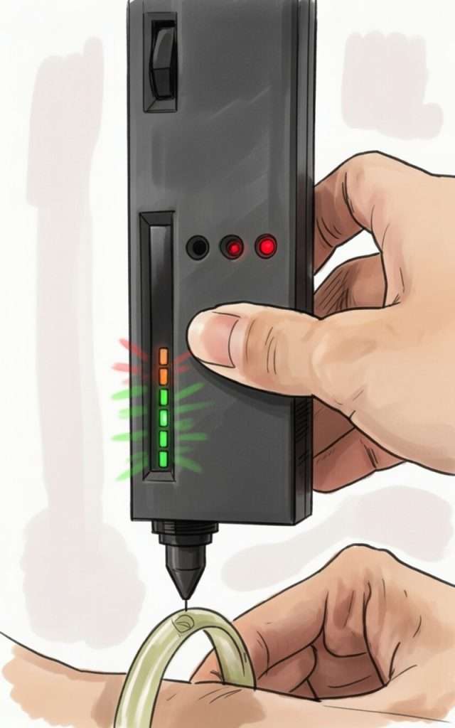 Device scans vein, illuminated by LED indicators showing results.