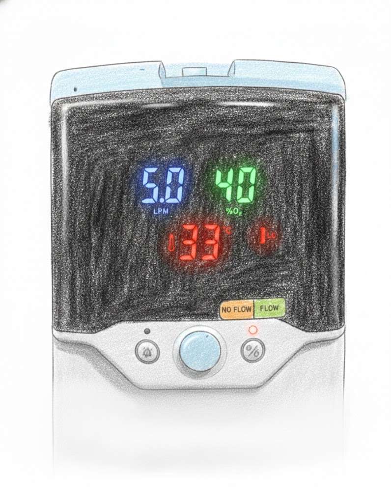 Medical ventilator screen displaying vital signs: flow, oxygen, and pressure data.