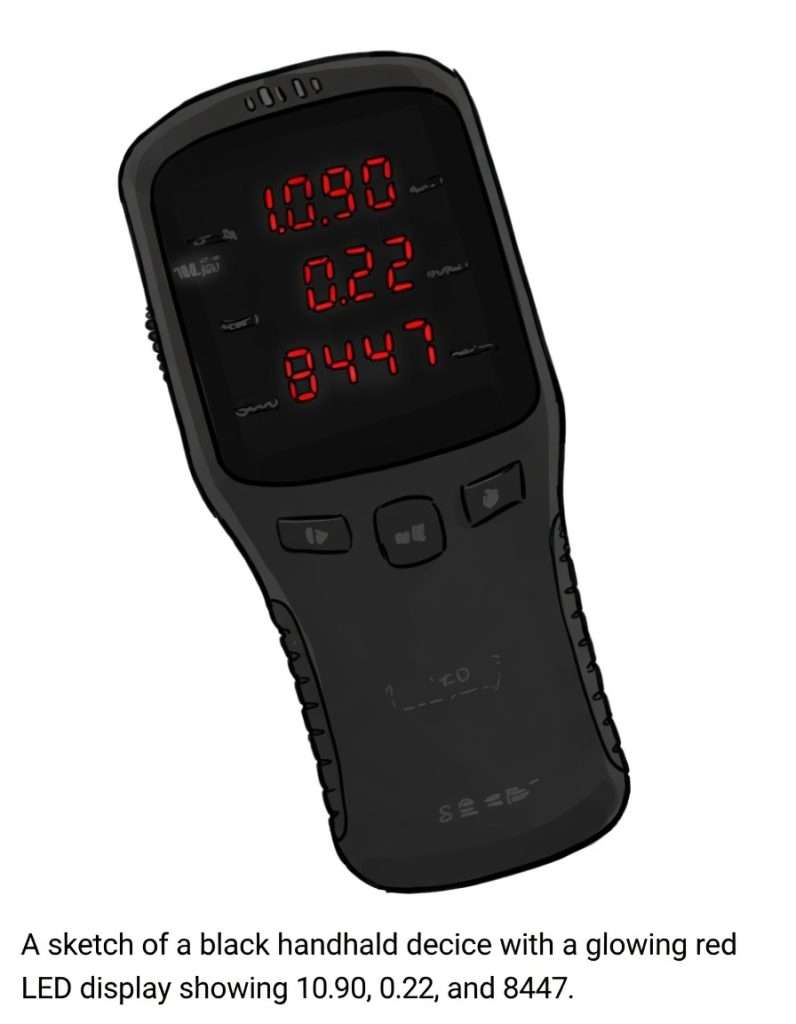 Handheld device displaying measurement data on a red LED screen.