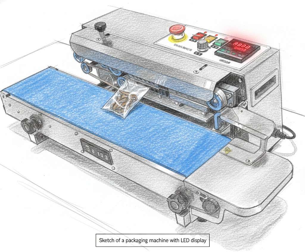 LED display integrated into a packaging machine for food and product sealing.