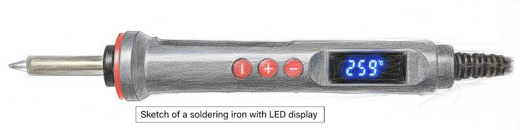 Soldering iron with digital LED temperature display for precise electronics assembly.