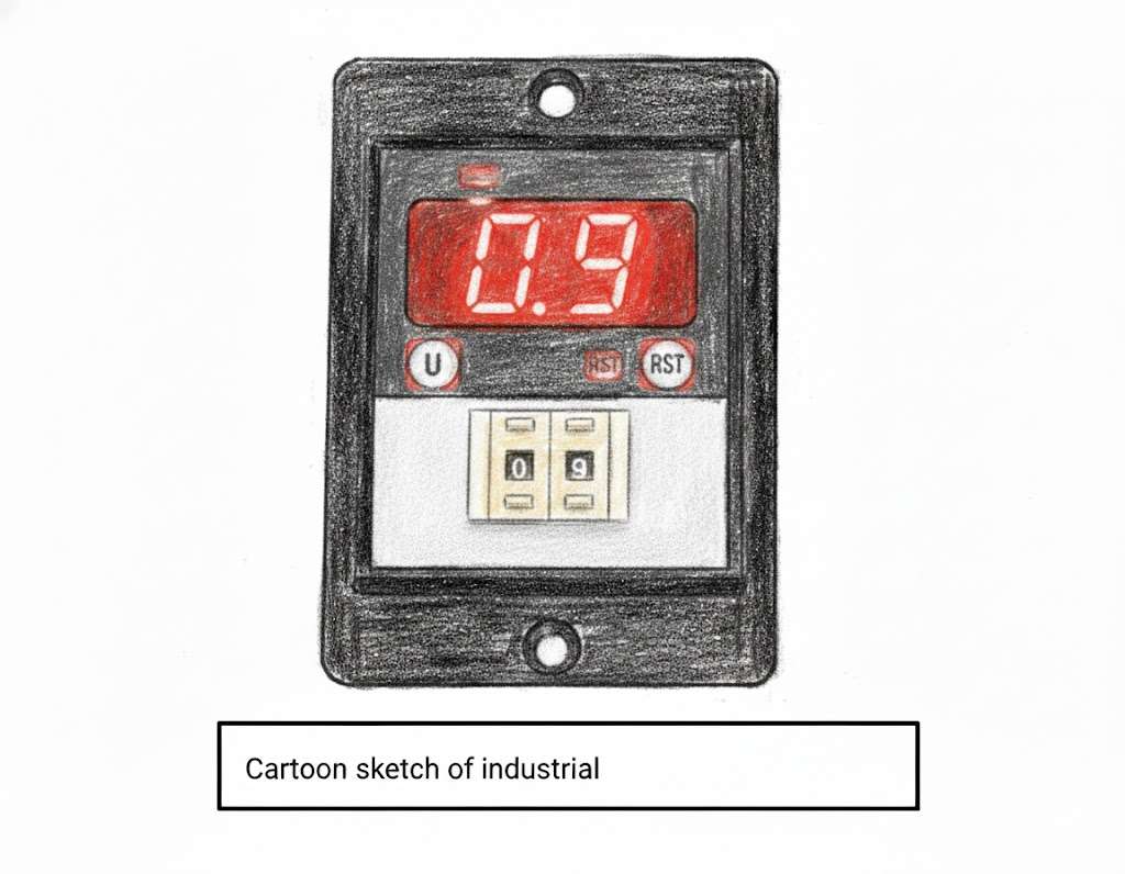 Digital display panel showing "0.9," featuring buttons and visible mounting holes.