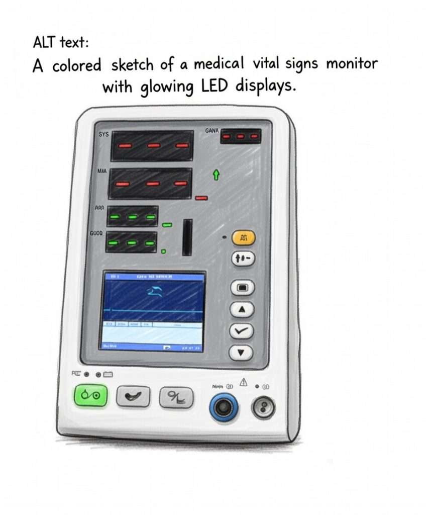 Glowing LED displays show patient vital signs on a medical monitor.