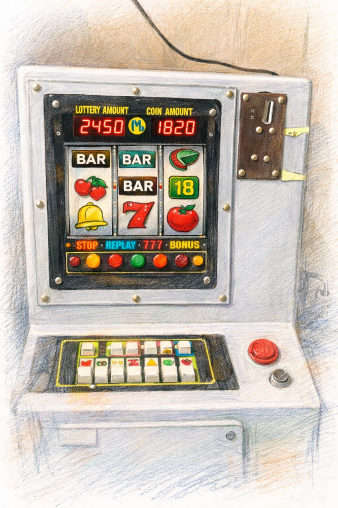 Vintage slot machine featuring an LED display with symbols and numbers.