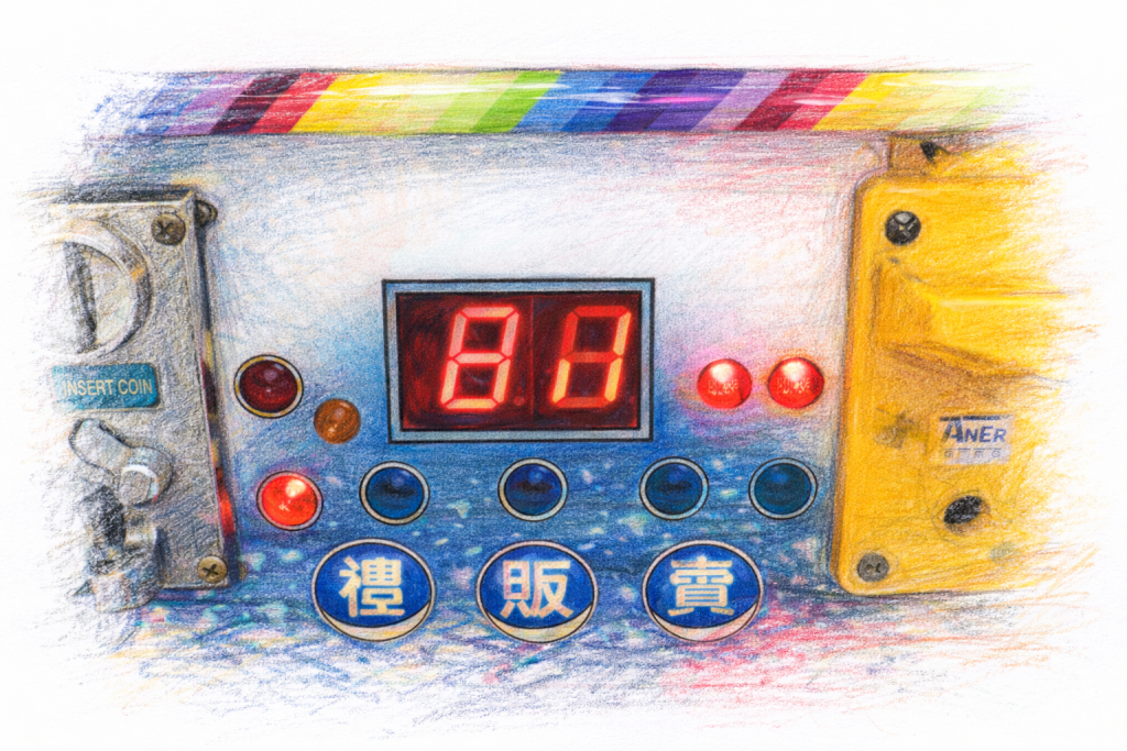 Vintage arcade control panel featuring an LED display with chinese character graphics.
