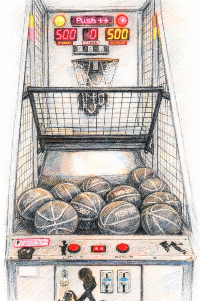 Basketball arcade game featuring an LED scoring display and control panel.