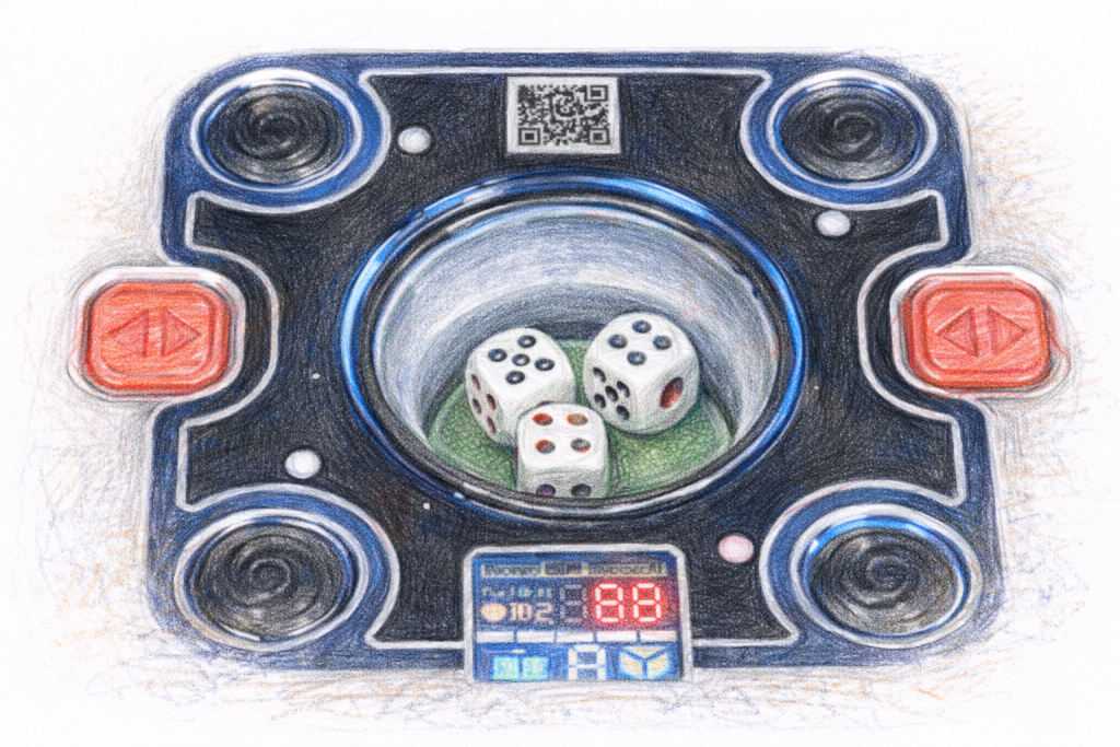 Futuristic device featuring dice, LED display, qr code, and interactive buttons.