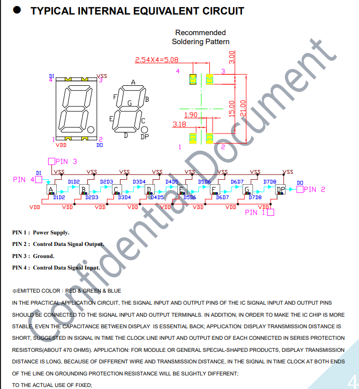 LED display connection schematic showing pinout and suggested soldering pattern.